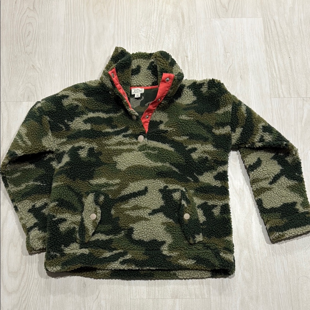 J. Crew Green and Red Camouflage Fleece Hoodie